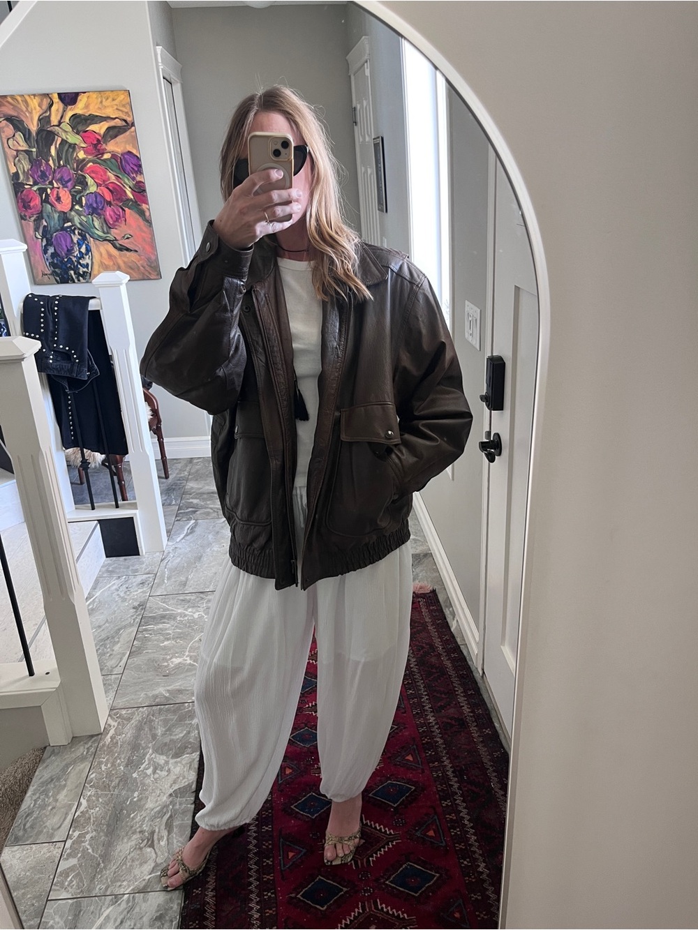 Vintage Oversized Brown Leather Bomber Jacket Genuine Leather 90s Minimalist L
